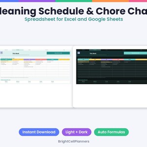 Puede incluir: Una hoja de c&aacute;lculo digital de planificaci&oacute;n de limpieza y tareas para Excel y Google Sheets. La pantalla muestra dos versiones, una con tema claro y otra con tema oscuro, con columnas para los d&iacute;as de la semana y listas.
