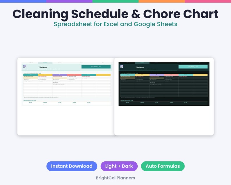 Puede incluir: Una hoja de c&aacute;lculo digital de planificaci&oacute;n de limpieza y tareas para Excel y Google Sheets. La pantalla muestra dos versiones, una con tema claro y otra con tema oscuro, con columnas para los d&iacute;as de la semana y listas.