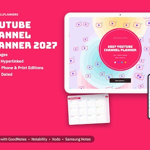 Digitale YouTube-planner voor 2027, ideeënbank voor video's, scriptoverzicht, checklist voor filmen, uploadkalender, statistieken-tracker afbeelding 1