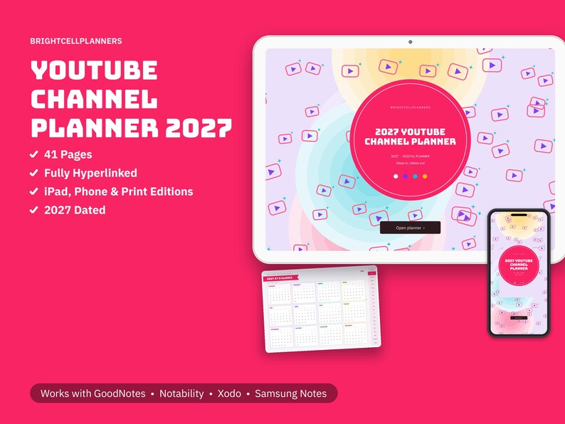 Digitale YouTube-planner voor 2027, ideeënbank voor video's, scriptoverzicht, checklist voor filmen, uploadkalender, statistieken-tracker afbeelding 1