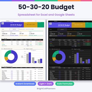 Puede incluir: Una hoja de c&aacute;lculo de presupuesto 50-30-20 para Excel y Google Sheets con versiones en modo claro y oscuro. La interfaz muestra datos financieros, gr&aacute;ficos circulares, gr&aacute;ficos de barras y tablas con valores num&eacute;ricos. El texto incluye 50-30-20 Budget, BrightCellPlanners, Instant Download, Light + Dark y Auto Formulas.