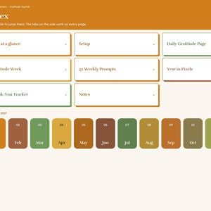 May include: A digital gratitude journal index page with a sidebar of tabs labeled Index, Year, Setup, Jan through Dec, Daily, Weekly, Prompts, Pixels, Thank-You, and Notes. The main area features rectangular buttons for navigation and a row of month buttons.