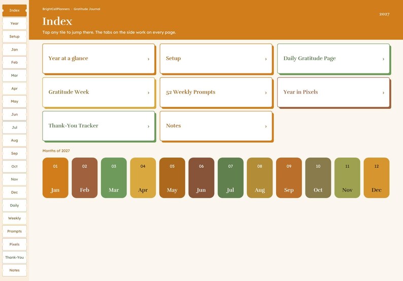 May include: A digital gratitude journal index page with a sidebar of tabs labeled Index, Year, Setup, Jan through Dec, Daily, Weekly, Prompts, Pixels, Thank-You, and Notes. The main area features rectangular buttons for navigation and a row of month buttons.
