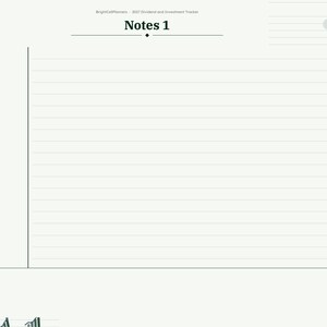 Puede incluir: Una p&aacute;gina de planificador digital titulada Notes 1 con fondo claro, l&iacute;neas horizontales y una barra lateral vertical que contiene pesta&ntilde;as para Index, Year, Portfolio, los meses de Jan a Dec, Trades, Watchlist, Income, Chart y Notes.