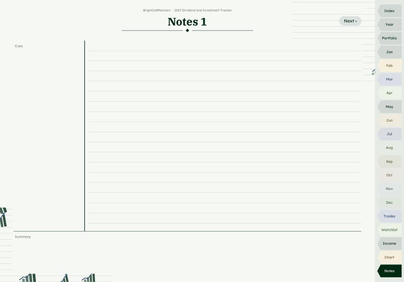 Puede incluir: Una p&aacute;gina de planificador digital titulada Notes 1 con fondo claro, l&iacute;neas horizontales y una barra lateral vertical que contiene pesta&ntilde;as para Index, Year, Portfolio, los meses de Jan a Dec, Trades, Watchlist, Income, Chart y Notes.