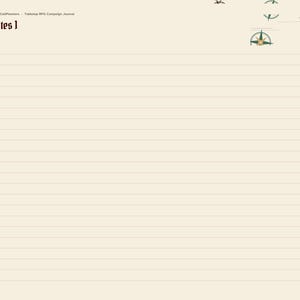 May include: A cream-colored lined journal page titled Notes 1 with a vertical sidebar containing tabs for Index, Characters, Sessions, NPCs, Guests, Maps, Loot, and Notes. The page features small compass rose illustrations and the text BrightCallPioneers - Tabletop RPG Campaign Journal.