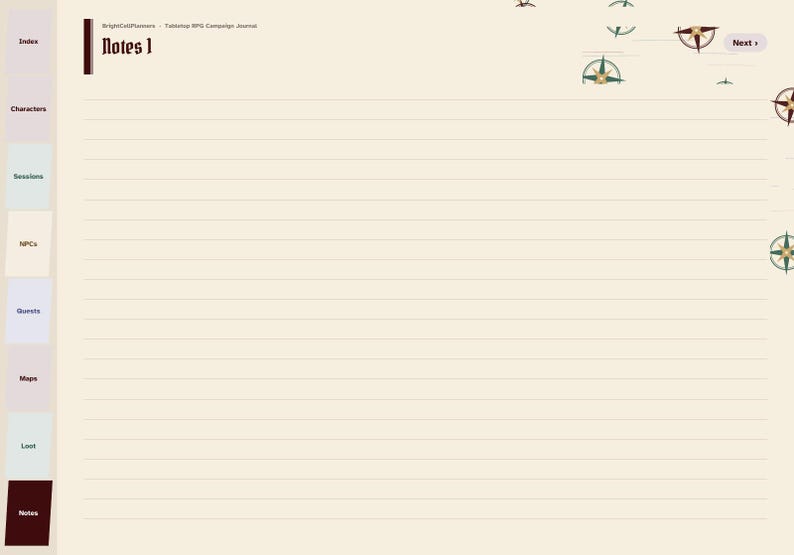 May include: A cream-colored lined journal page titled Notes 1 with a vertical sidebar containing tabs for Index, Characters, Sessions, NPCs, Guests, Maps, Loot, and Notes. The page features small compass rose illustrations and the text BrightCallPioneers - Tabletop RPG Campaign Journal.