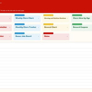 May include: A digital chore chart planner interface with a red header titled Index. It features interactive tiles labelled Setup, Weekly Chore Chart, Morning and Bedtime Routines, Chore Ideas by Age, Family Chore Rotation, Monthly Chore Tracker, Reward Chart, Reward Coupons, Allowance Tracker, Bonus Jobs Board, and Notes. A large lined section for Quick notes is at the bottom.