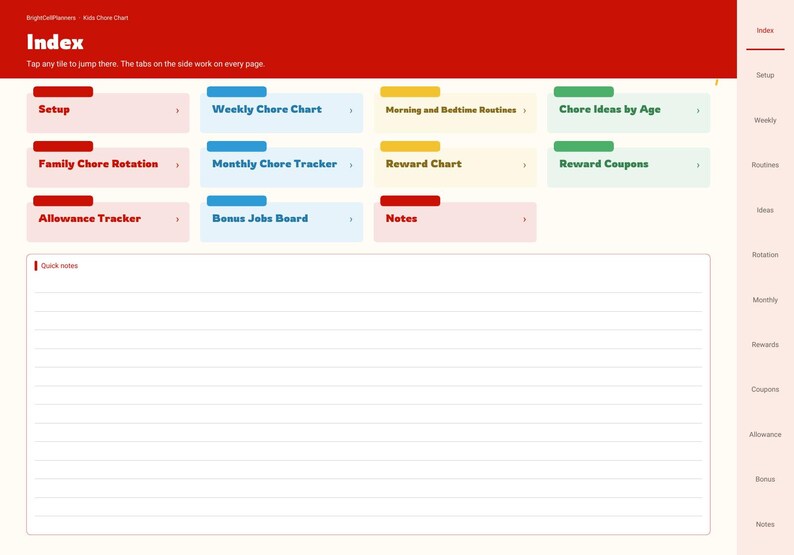May include: A digital chore chart planner interface with a red header titled Index. It features interactive tiles labelled Setup, Weekly Chore Chart, Morning and Bedtime Routines, Chore Ideas by Age, Family Chore Rotation, Monthly Chore Tracker, Reward Chart, Reward Coupons, Allowance Tracker, Bonus Jobs Board, and Notes. A large lined section for Quick notes is at the bottom.