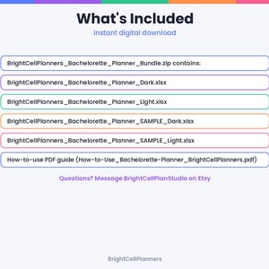 K&ouml;nnte beinhalten: Eine digitale Dateiliste mit dem Titel What's Included, die BrightCellPlanners_Bachelorette_Planner_Bundle.zip, BrightCellPlanners_Bachelorette_Planner_Dark.xlsx, BrightCellPlanners_Bachelorette_Planner_Light.xlsx und ein PDF-Handbuch enth&auml;lt.