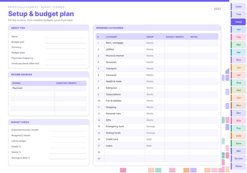 May include: A digital budget planner page titled Setup & budget plan for 2027. It features sections for About You, Income Sources, Budget Check, and a Spending Categories table with columns for category, group, budget, and notes.