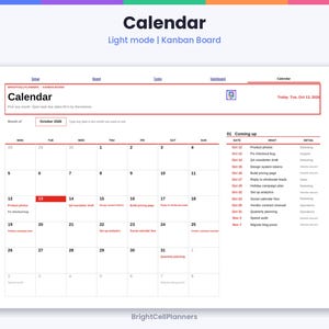 May include: A digital calendar interface titled Calendar, displaying October 2026 in a grid layout. The view includes a Kanban board section, a list of upcoming tasks with dates, and a highlighted current date of Tuesday, October 13, 2026.