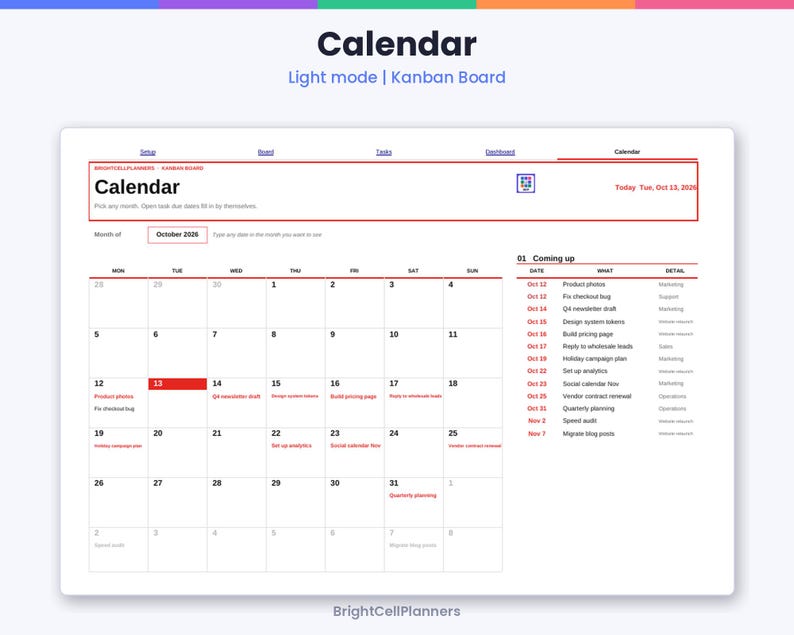 May include: A digital calendar interface titled Calendar, displaying October 2026 in a grid layout. The view includes a Kanban board section, a list of upcoming tasks with dates, and a highlighted current date of Tuesday, October 13, 2026.