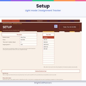 May include: A digital assignment tracker planner interface titled Setup, featuring a light mode layout with sections for student details, course lists, and license terms. The display includes text fields for student name, term, due window, and target grade.