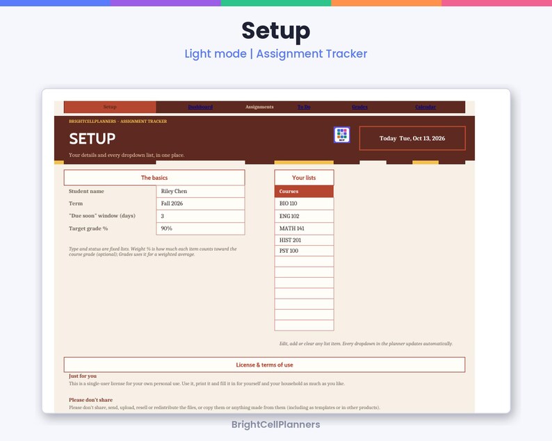 May include: A digital assignment tracker planner interface titled Setup, featuring a light mode layout with sections for student details, course lists, and license terms. The display includes text fields for student name, term, due window, and target grade.