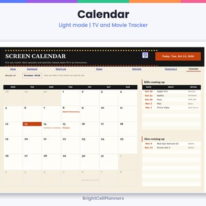 May include: A digital TV and movie tracker calendar interface titled Screen Calendar. The layout features a monthly grid for October 2026, navigation tabs, and side panels listing upcoming bills and releases with dates and details.