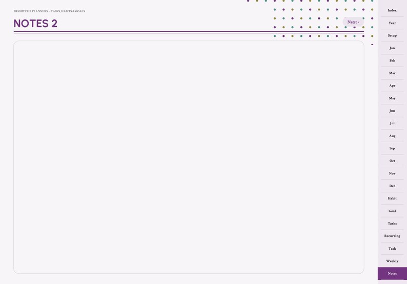 Puede incluir: Una p&aacute;gina de planificador digital titulada NOTES 2 con una gran &aacute;rea de escritura central blanca, una l&iacute;nea de encabezado morada y una barra de navegaci&oacute;n lateral derecha con pesta&ntilde;as para meses y categor&iacute;as como Habit, Goal, Tasks y Weekly.