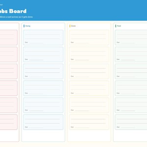 May include: A digital Bonus Jobs Board planner with a blue header and four vertical columns labelled Bonus jobs, Doing, Done, and Paid. The right sidebar lists navigation tabs including Index, Setup, Weekly, Routines, Ideas, Rotation, Monthly, Rewards, Coupons, Allowance, Bonus, and Notes.