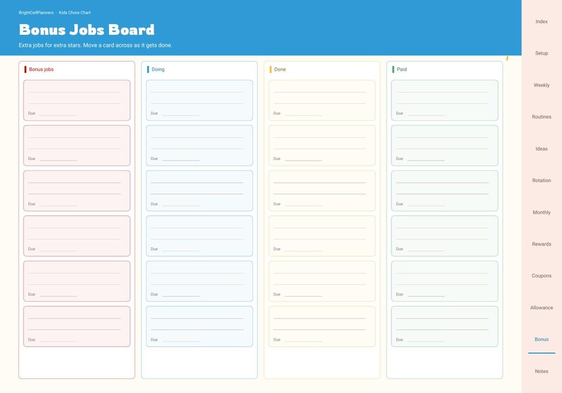 May include: A digital Bonus Jobs Board planner with a blue header and four vertical columns labelled Bonus jobs, Doing, Done, and Paid. The right sidebar lists navigation tabs including Index, Setup, Weekly, Routines, Ideas, Rotation, Monthly, Rewards, Coupons, Allowance, Bonus, and Notes.