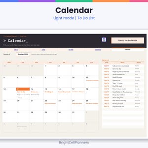 May include: A digital calendar interface in light mode featuring a monthly grid for October 2026. The layout includes a sidebar with a to-do list, task dates, and descriptions. Text includes Calendar, Light mode, To Do List, and BrightCellPlanners.