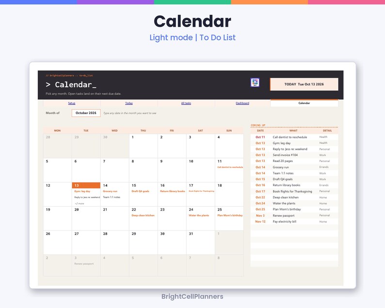 May include: A digital calendar interface in light mode featuring a monthly grid for October 2026. The layout includes a sidebar with a to-do list, task dates, and descriptions. Text includes Calendar, Light mode, To Do List, and BrightCellPlanners.