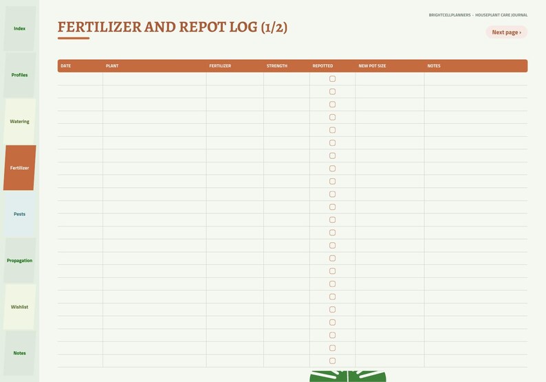 May include: A digital planner page titled Fertilizer and Repot Log (1/2) with columns for date, plant, fertilizer, strength, repotted, new pot size, and notes. The layout features a sidebar with navigation tabs and a light background.