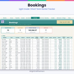 K&ouml;nnte beinhalten: Eine digitale Tabellenkalkulation zur Nachverfolgung von Kurzzeitvermietungen mit dem Titel Bookings in hellem Design. Sie zeigt Spalten f&uuml;r Unterkunft, Gast, Plattform, Daten, Mieteinnahmen, Reinigungsgeb&uuml;hren, Status und Auszahlungen f&uuml;r 2026.