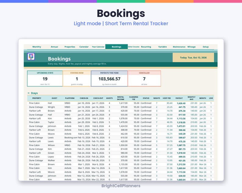 K&ouml;nnte beinhalten: Eine digitale Tabellenkalkulation zur Nachverfolgung von Kurzzeitvermietungen mit dem Titel Bookings in hellem Design. Sie zeigt Spalten f&uuml;r Unterkunft, Gast, Plattform, Daten, Mieteinnahmen, Reinigungsgeb&uuml;hren, Status und Auszahlungen f&uuml;r 2026.