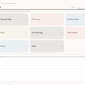 May include: A digital bullet journal index page featuring a vertical navigation bar on the left and a grid of rectangular tiles labeled Bullet Key and Index, Future Log, Monthly Spread, Collections, Dot-Grid Pages, Habit Tracker, Mood Pixels, and Notes.