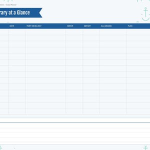 May include: A cruise planner page titled Itinerary at a Glance with a blue header and a grid for day, date, port, arrival, departure, all aboard, and plan. The background features a light blue anchor pattern with side tabs for index and notes.