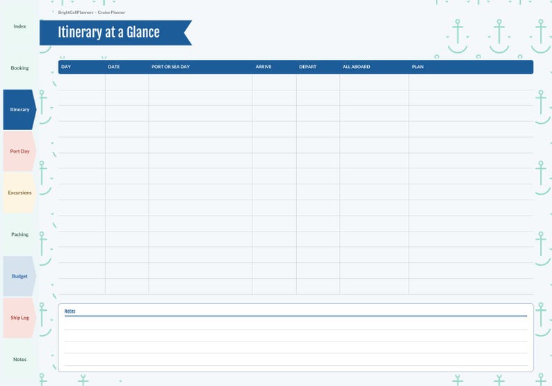 May include: A cruise planner page titled Itinerary at a Glance with a blue header and a grid for day, date, port, arrival, departure, all aboard, and plan. The background features a light blue anchor pattern with side tabs for index and notes.