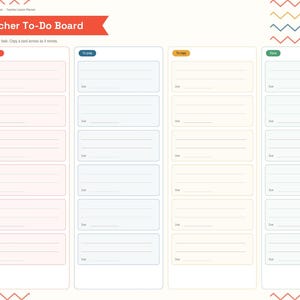 May include: A digital teacher to-do board planner page featuring four vertical columns labeled To grade, To prep, To keep, and Done. The layout includes a sidebar with navigation tabs and a colorful chevron border pattern at the top and bottom.