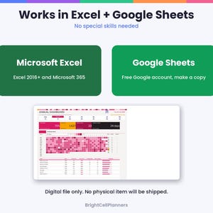 May include: A digital annual dashboard template compatible with Microsoft Excel 2016+ and Google Sheets. The graphic displays a pink-themed data tracking interface with charts, progress bars, and numerical metrics for organized planning.