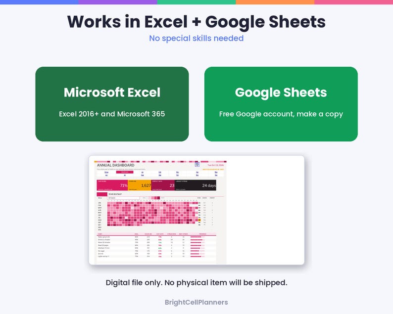 May include: A digital annual dashboard template compatible with Microsoft Excel 2016+ and Google Sheets. The graphic displays a pink-themed data tracking interface with charts, progress bars, and numerical metrics for organized planning.
