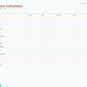 May include: A digital Quote Calculator template for a cleaning business, featuring a table with columns for item, count, rate, subtotal, and notes. The left sidebar includes navigation tabs for months and categories like clients, quotes, and income.