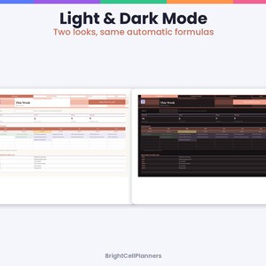 May include: A digital planner interface displayed in light and dark modes, featuring the text Light & Dark Mode, Two looks, same automatic formulas, and BrightCellPlanners. The layout includes a weekly schedule, task tracking, and data tables.