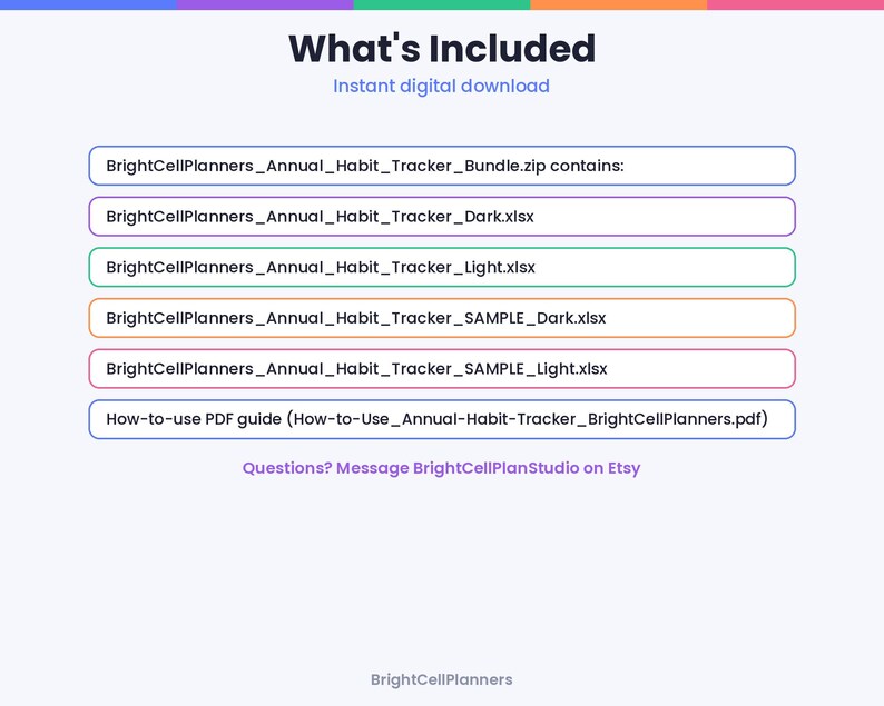 May include: A digital file list titled What's Included, featuring BrightCellPlanners_Annual_Habit_Tracker_Bundle.zip, containing Dark and Light xlsx trackers, sample files, and a How-to-use PDF guide. The text includes contact instructions.