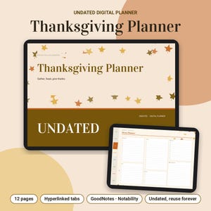 Puede incluir: Un planificador digital de Acci&oacute;n de Gracias sin fecha mostrado en dos pantallas de tableta. La portada presenta el texto Thanksgiving Planner, Gather, feast, give thanks y Undated, con iconos de hojas de oto&ntilde;o en tonos marrones, naranjas y dorados.