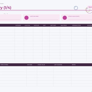 May include: A digital inventory tracker template titled Inventory (1/4) with a purple and white color scheme. It features columns for SKU, item, category, location, supplier, unit, unit cost, sale price, opening stock, and reorder at.
