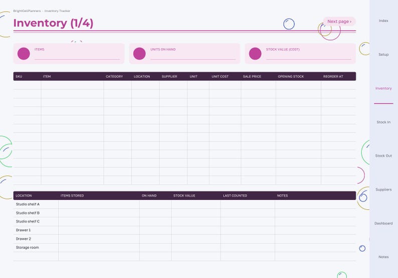 May include: A digital inventory tracker template titled Inventory (1/4) with a purple and white color scheme. It features columns for SKU, item, category, location, supplier, unit, unit cost, sale price, opening stock, and reorder at.