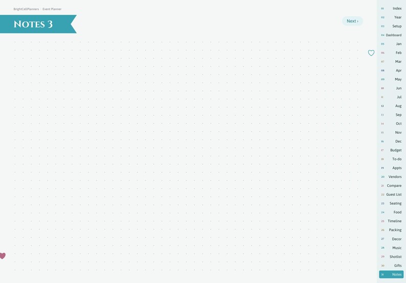 Puede incluir: Una p&aacute;gina de planificador de eventos digital con fondo de cuadr&iacute;cula de puntos blancos. En la parte superior izquierda, una pancarta verde azulado dice NOTES 3. La barra lateral derecha enumera pesta&ntilde;as de navegaci&oacute;n como Index, Year y Notes.