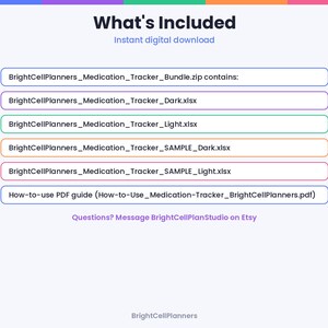 Puede incluir: Una lista de archivos digitales titulada What's Included, que contiene BrightCellPlanners_Medication_Tracker_Bundle.zip, BrightCellPlanners_Medication_Tracker_Dark.xlsx, BrightCellPlanners_Medication_Tracker_Light.xlsx y una gu&iacute;a en PDF.