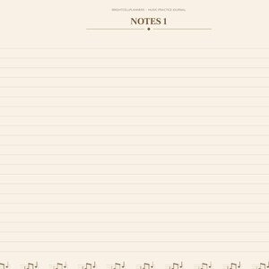May include: A digital music practice journal page with a cream background, featuring the text NOTES 1 at the top. The page includes horizontal lines for writing, a vertical navigation tab menu on the left side, and musical note icons.