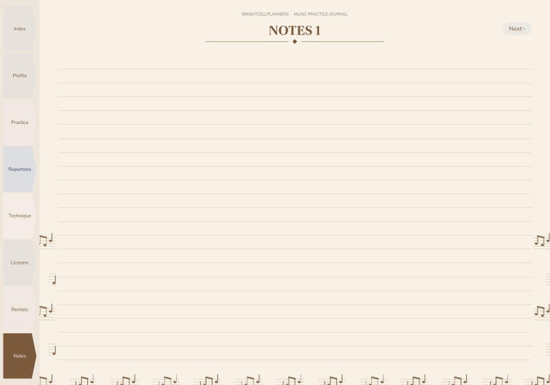 May include: A digital music practice journal page with a cream background, featuring the text NOTES 1 at the top. The page includes horizontal lines for writing, a vertical navigation tab menu on the left side, and musical note icons.