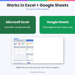 Puede incluir: Un gr&aacute;fico de panel digital titulado Works in Excel + Google Sheets. Presenta dos cajas verdes etiquetadas como Microsoft Excel y Google Sheets, con texto que detalla la compatibilidad para Excel 2016+ y cuentas de Google. Se muestra una vista previa de una hoja.
