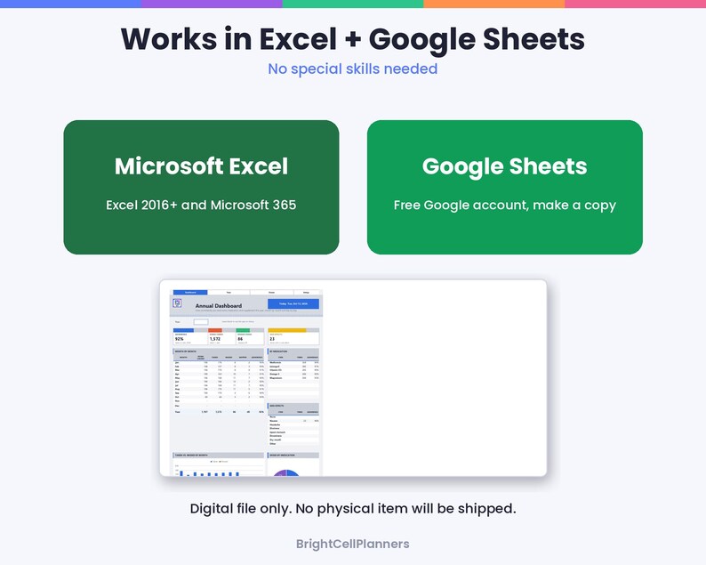 Puede incluir: Un gr&aacute;fico de panel digital titulado Works in Excel + Google Sheets. Presenta dos cajas verdes etiquetadas como Microsoft Excel y Google Sheets, con texto que detalla la compatibilidad para Excel 2016+ y cuentas de Google. Se muestra una vista previa de una hoja.