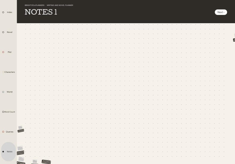 May include: A digital writing and novel planner page titled NOTES 1 with a dot grid background. The left sidebar features navigation labels including Index, Novel, Plot, Characters, World, Word Count, Queries, and Notes with typewriter icons.