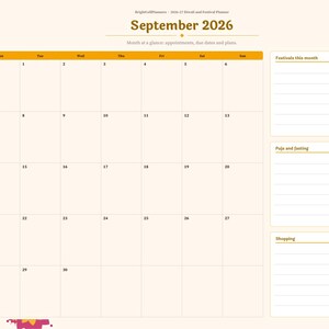 Pu&ograve; includere: Una pagina di agenda digitale per settembre 2026 con una griglia del calendario mensile e un menu di navigazione laterale. Il layout include sezioni per festival, digiuno e shopping, il tutto su uno sfondo color crema.