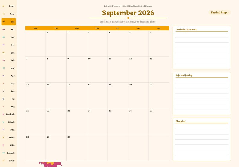 Pu&ograve; includere: Una pagina di agenda digitale per settembre 2026 con una griglia del calendario mensile e un menu di navigazione laterale. Il layout include sezioni per festival, digiuno e shopping, il tutto su uno sfondo color crema.