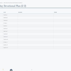May include: A digital 25-Day Devotional Plan planner page with a sidebar menu listing Index, Devotional, Reflection, Countdown, Wreath, Kindness, Christmas, and Notes. The table tracks days 1 through 13 with columns for Date, Reading, Theme, and Done.